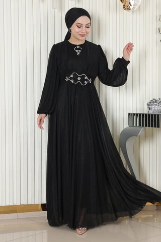 Pearl Detailed Draped Glittery Evening Dress Black