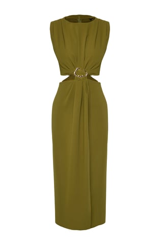 Groene, rechte, mouwloze midi-jurk voor dames, geschikt voor overdag en 's avonds.