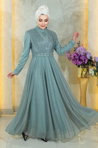 Stone Detailed Draped Chest Glittery Evening Dress Mint