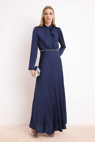 Women's Navy blue Flat Maxi Long Chic/night Skater Modest Evening Dresses