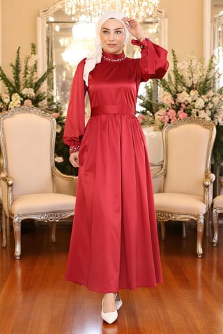 Pearl Satin Evening Dress Burgundy