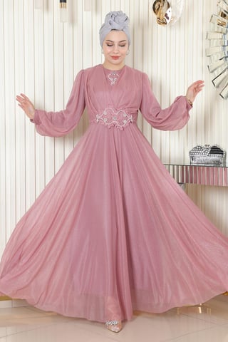 Pearl Detailed Draped Glitter Evening Dress Dusty Rose