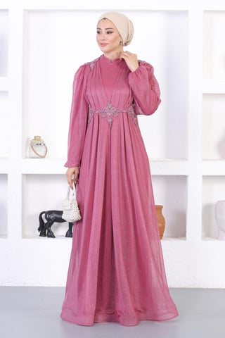 Pearly Lace Glitter Evening Dress Dusty Rose