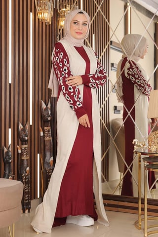 Mönstrad Sleeve Stickad Klänning Burgundy