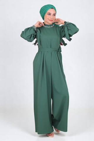 Pearl Detailed Jumpsuit Dress Emerald