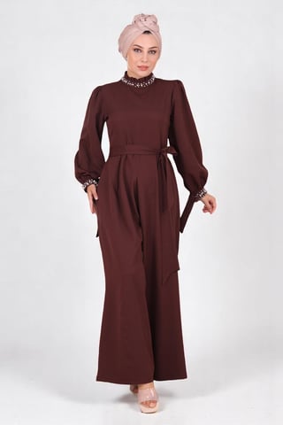 Pearl Detailed Jumpsuit Dress Brown