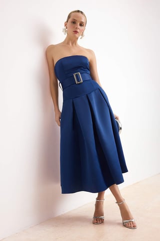 Women's Navy blue Flat Midi Sleeveless Chic/night Skater Dress