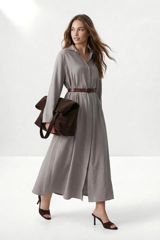 Women's Brown Flat Maxi Long Shirt dress Hijab dress