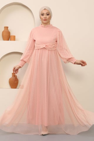 Pearl Detailed Tulle Evening Dress Powder