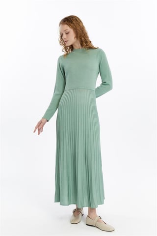 Dam Veckad Kjol, Thin Seasonal Cold Yarn Stickade plagg Klänning, Almond Grön