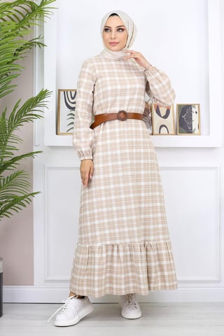 Med volanger Hijab Klänning Beige