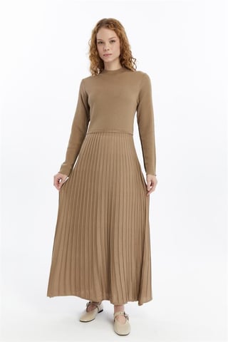 Women's Pleated Skirt, Corduroy, Thin Seasonal Cold Yarn Knitwear Dress, Mink