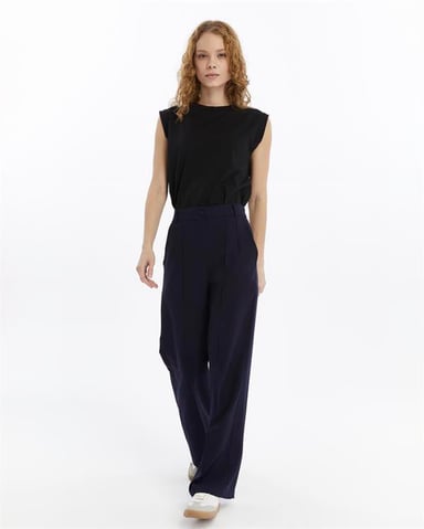 Women's Double Crepe Grass Stitch Detailed Pocketed Palazzo Trousers Navy Blue