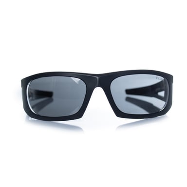 Prada, matte black sunglasses with red logo
