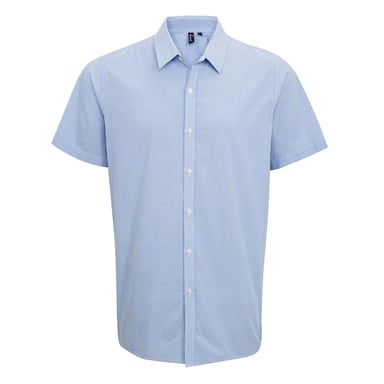 Premier Mens Micro Gingham Check Cotton Short-Sleeved Shirt (Light Blue/White)