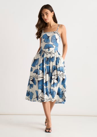 Blauwe cami-jurk met bloemenprint van linnenmix