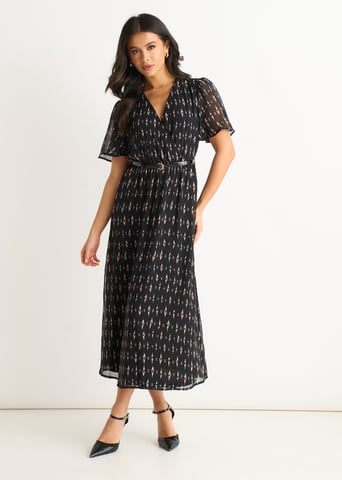 Zwarte midi-jurk van zijde met geometrische print