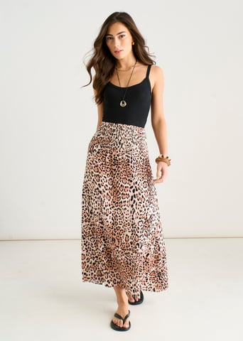 Bruine skaterrok met dierenprint en elastische tailleband