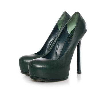 Yves Saint Laurent, Green leather Tribtoo platform pumps.