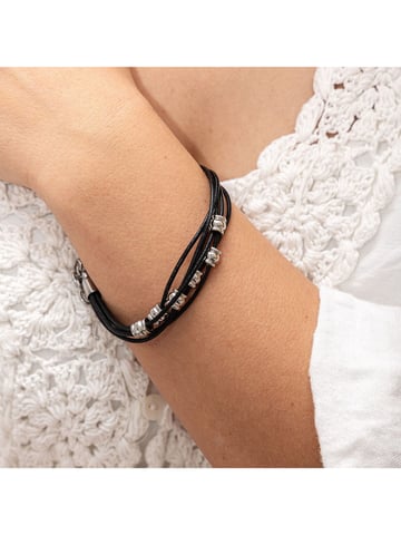 Zeeme Stainless Steel Bracelet Leather black with steel balls 19,5+2cm long