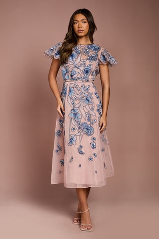 Floral Embroidered Cutwork Sleeve Midi Dress
