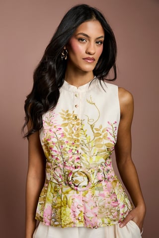 Petite Placement Print Button Through Belted Blouse