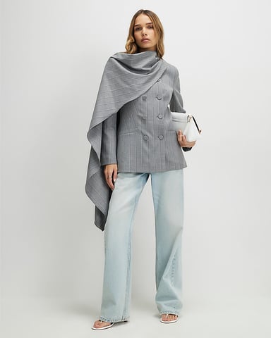 River Island Womens Blazer Grey Striped Double Breasted Cape