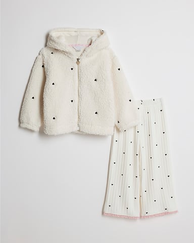 River Island Mini Girls Hoodie & Leggings Set Cream Heart 2 Piece