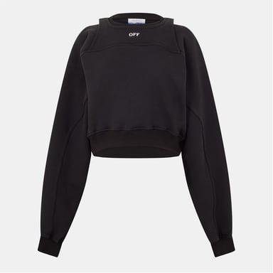 Women's Off White Cropped Relaxed Fit Crew Neck Sweatshirt in Black/White