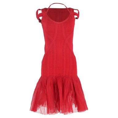 Herve Leger gebreide midi-jurk van tule met bandage in rode viscose