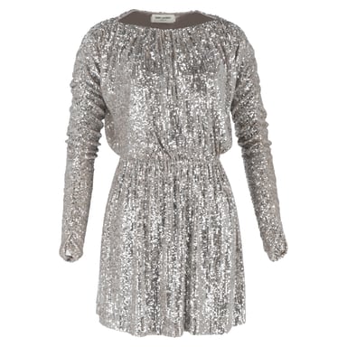 Saint Laurent mini-jurk met bateau-halslijn en pailletten in zilverkleurig polyester