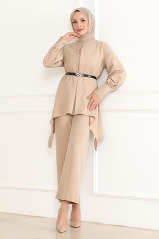 Belt Detailed Suit Beige