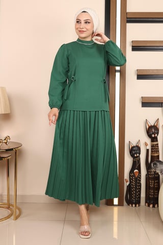 Pleated Skirt Suit Emerald
