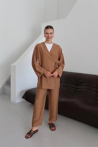 Crinkle Textured Kimono Suit Brown