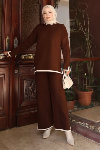 Slit Detailed Knitwear Suit Brown