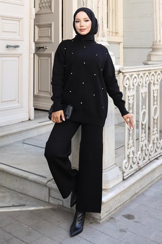 Stone Detailed Knitwear Suit Black