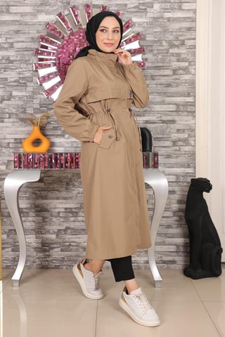 Hooded Coat With Text Detail Mink