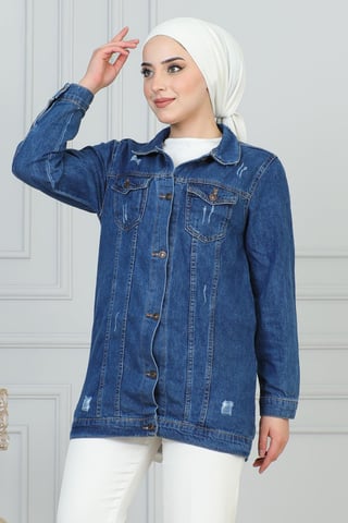 Laser Detailed Denim Jacka Blå