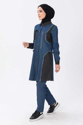 Blixtlås Detail Hijab Denim Outfit Mörkblå