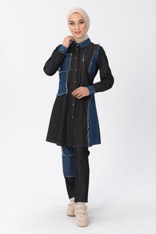 Blixtlås Detail Hijab Denim Outfit Svart