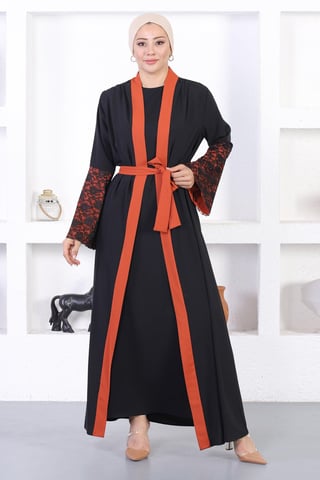 Spets Detailed Abaya Tegelröd