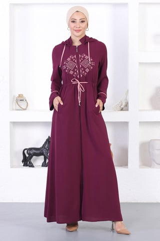 Broderad Huva Abaya Plommon