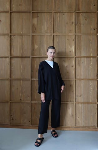 Crinkle Textured Kimono Suit Black