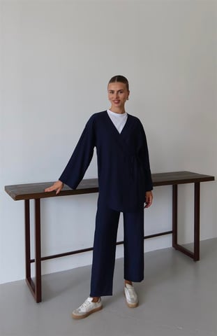 Crinkle Textured Kimono Suit Navy Blue