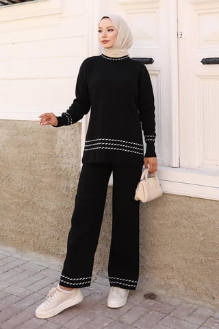 Stripe Detailed Knitwear Suit Black
