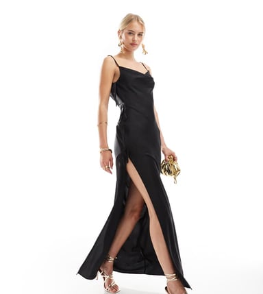 ASOS DESIGN Tall satin cowl front strappy maxi dress with tie detail in black