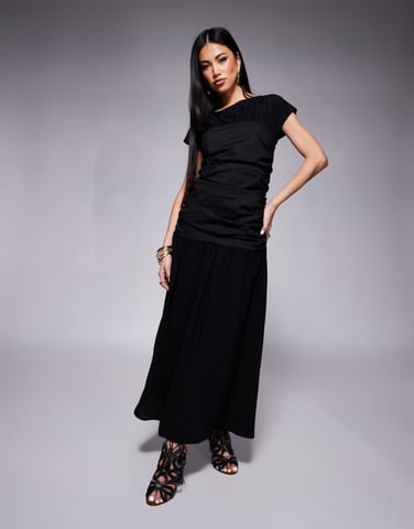 ASOS DESIGN crew neck midi dress with gathered bodice in black