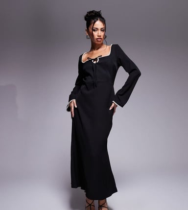 In The Style x Perrie Sian exclusive pearl trim midaxi dress in black