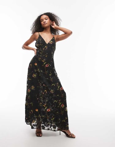 Topshop burnout blommig maxi halterneck klänning i svart