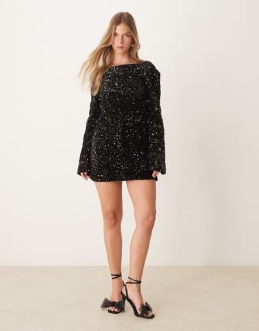 Gina Tricot flared sleeves low back sequin mini dress in black